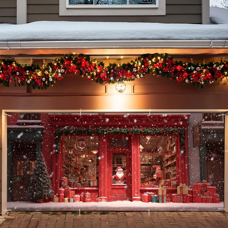 ANNA QUEEN Christmas Garage Door Banner 6×13 FT, Santa’s Red Gift Shop Window, Festive Storefront Holiday Mural, Outdoor Garage Decoration for Parties Home Decor - Image 1